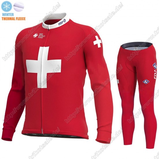 Swiss FDJ Winter Thermal Fleece 2021 Fahrradbekleidung Radtrikot Langarm+Lang Trägerhose CBQAZ