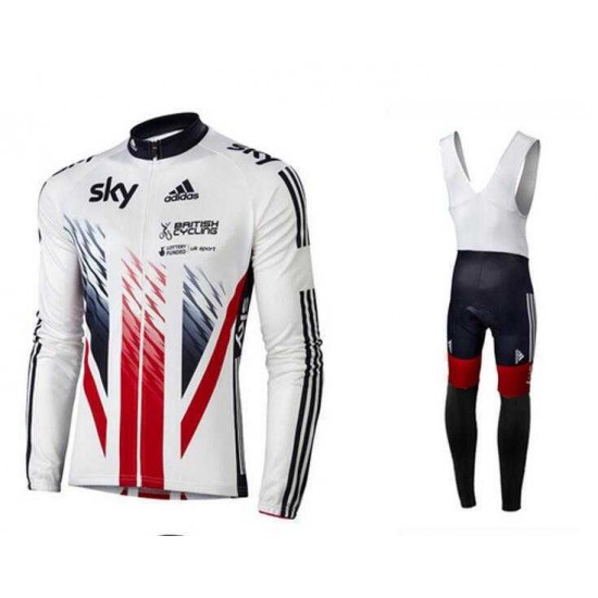 2016 SKY British Winter Fahrradbekleidung Radtrikot Langarm+Lang Trägerhose vliezen Rot weiß I4V7P