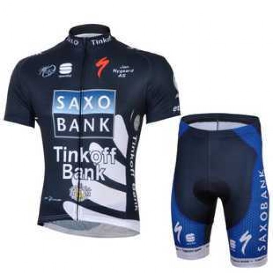 2013 Saxo Bank Tinkoff Pro Team Radbekleidung Radtrikot Kurzarm und Fahrradhosen Kurzje donker blau P1XYC