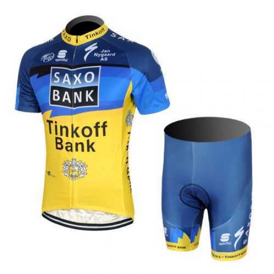 2013 Saxo Bank Tinkoff Pro Team Radbekleidung Radtrikot Kurzarm und Fahrradhosen Kurzje blau gelb GR8Q1